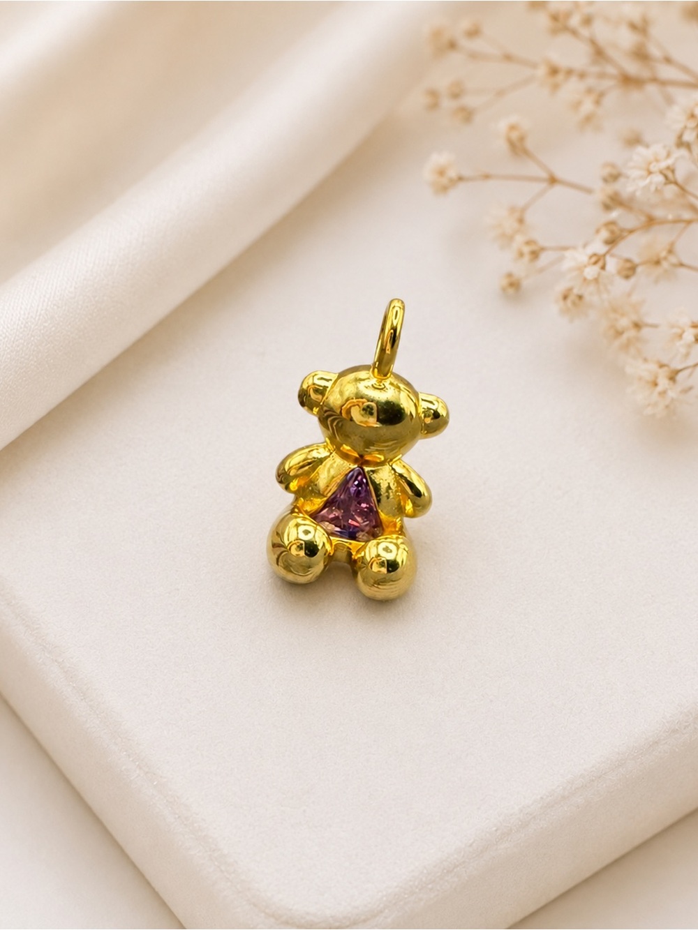 Gold Teddy Bear Pendant with Beaded Necklace 925